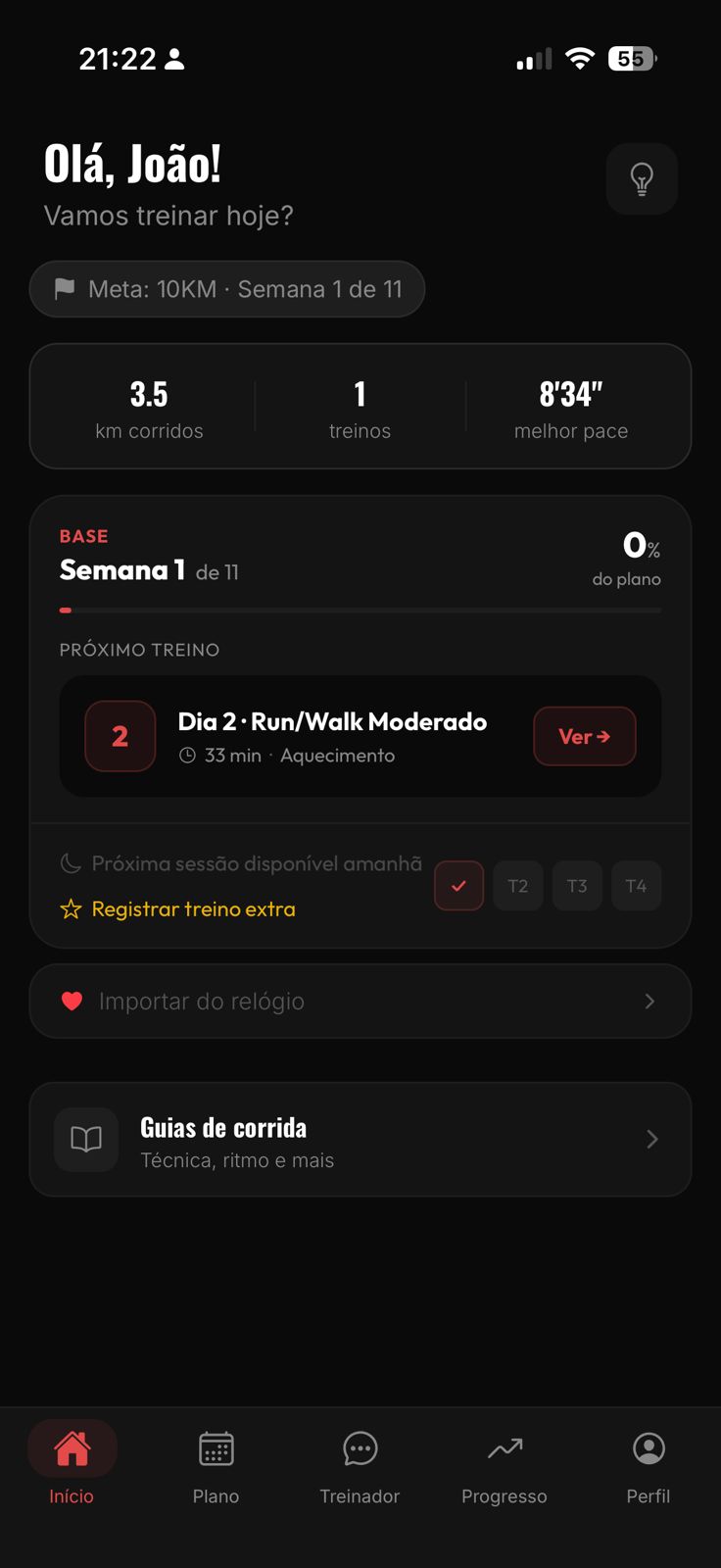 Tela inicial do app Treinna